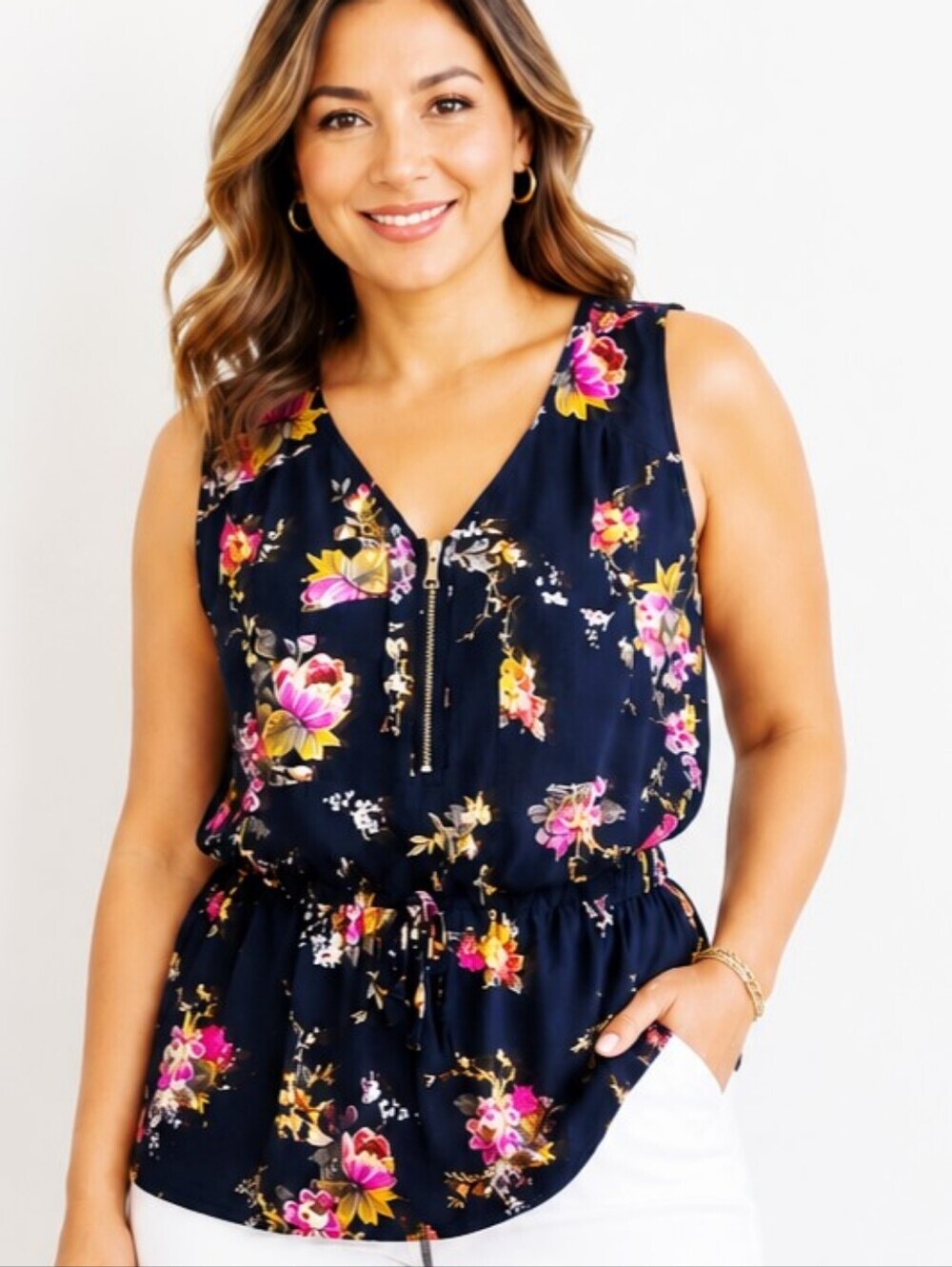 Stella Tweed Black Floral Sleeveless Top, Zipper Front Elastic Waist w/Tie Sz 1X